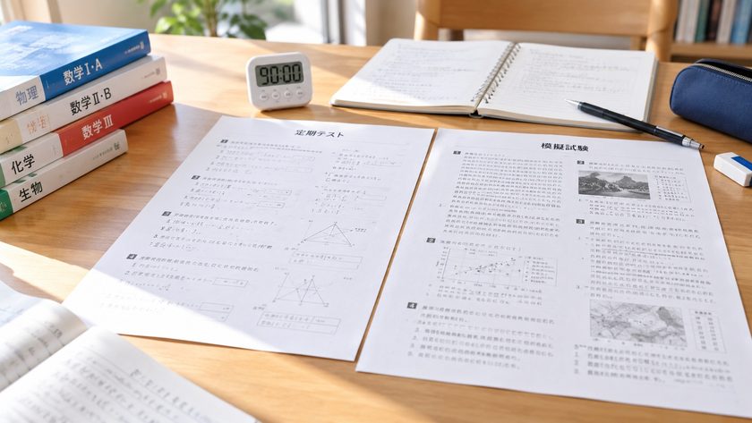 定期テストと模試の問題の違いを比較するイメージ