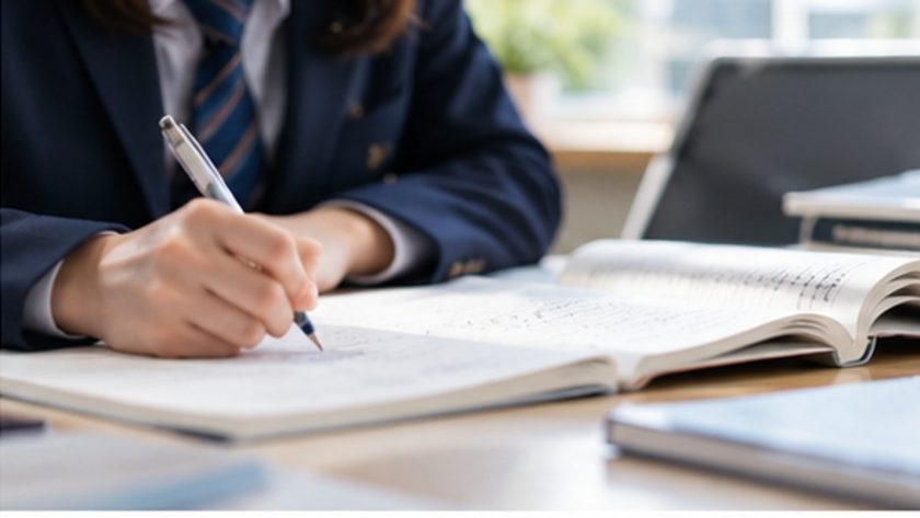 学校の学習と復習を並行して進める高校生のイメージ